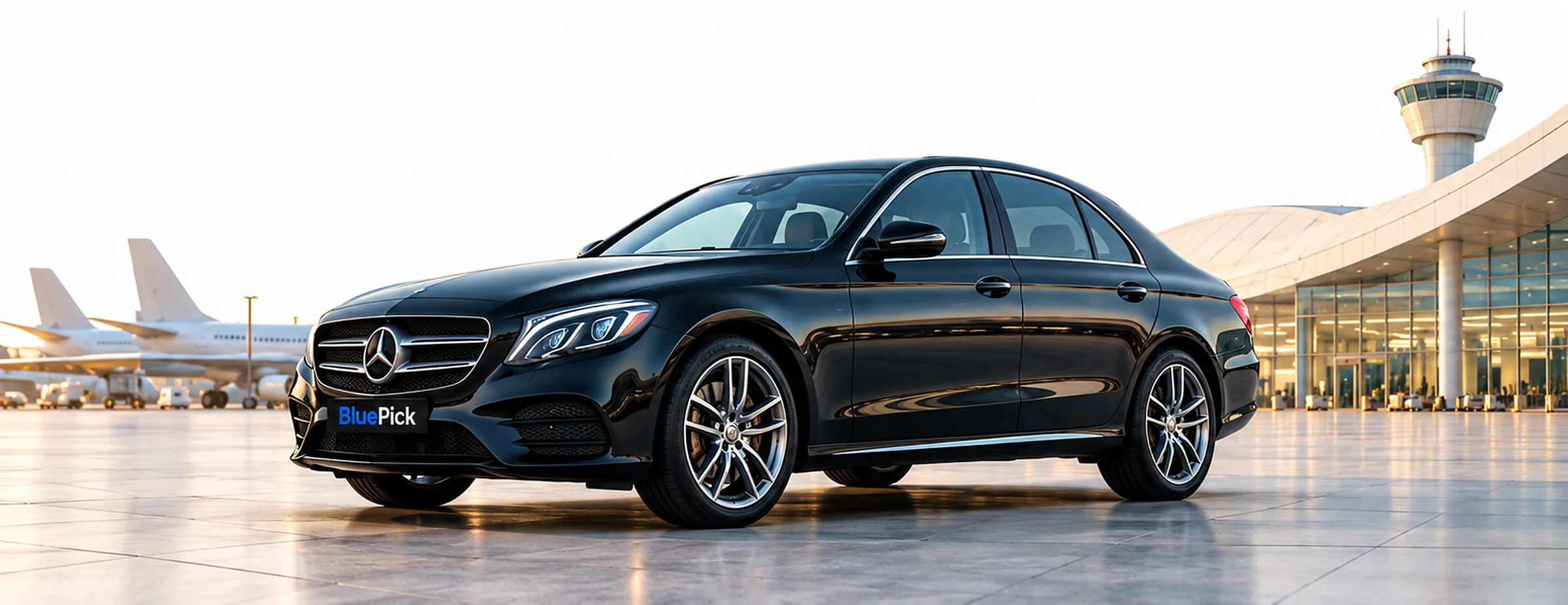 A black BluePick Mercedes saloon waiting on the apron beside an airport terminal